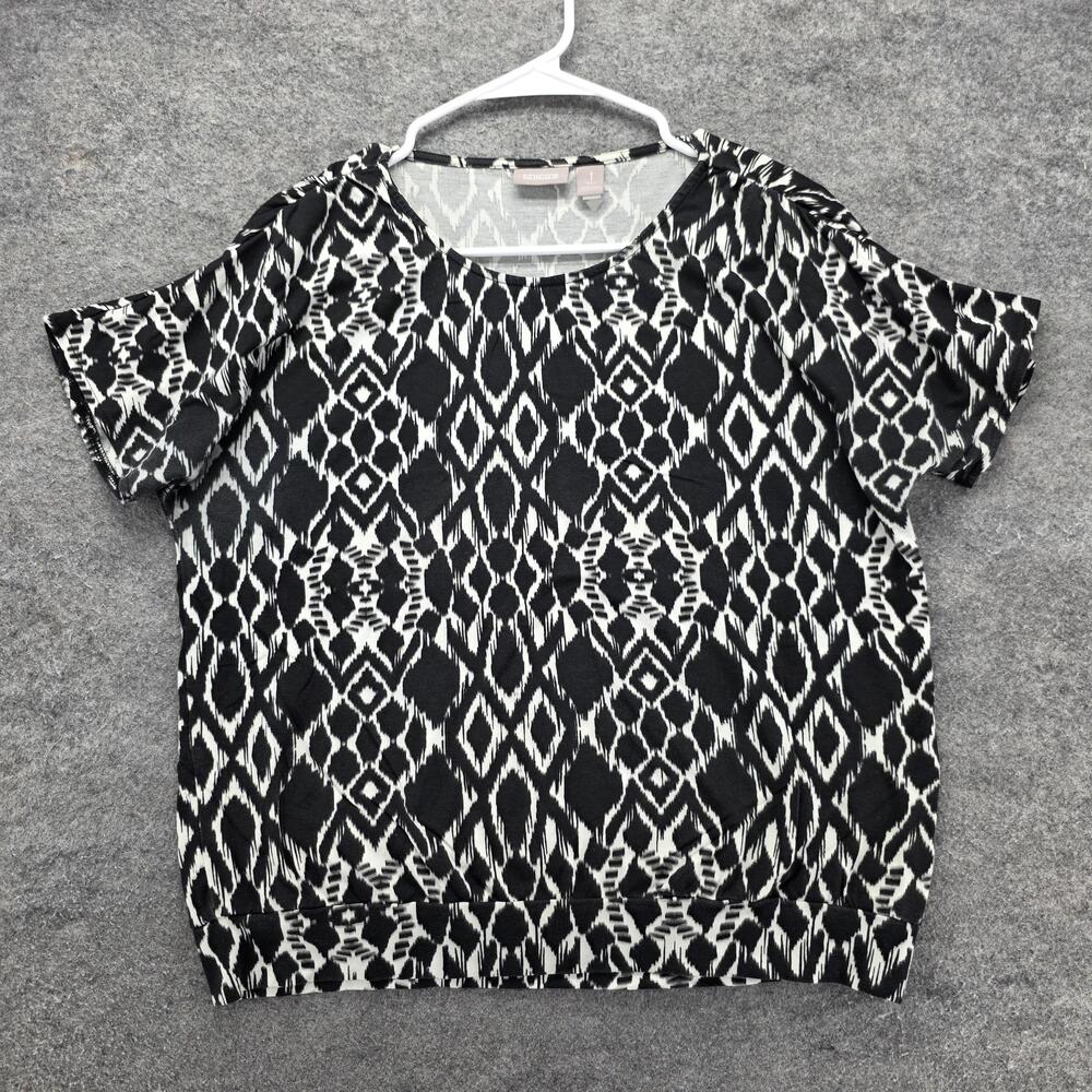 Chicos Blouse Womens 1 Black Geometric Dolman Short Sleeve Jersey Stretch Top